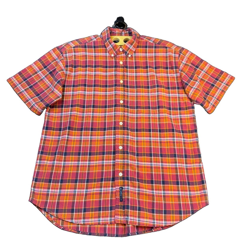 Men's American Eagle AE Short Sleeve Shirt Size Medium Plaid Orange Red Blue